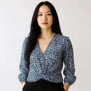 EXPRESS XL Blue Black White Leopard Animal Print Twist Silky Blouse R $78